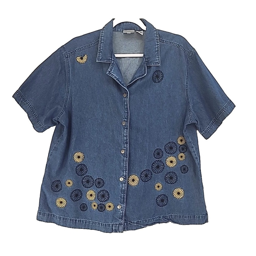 Vtg Carolina Blues Plus 18W Embroidered Blue Denim Button Up Shirt Floral